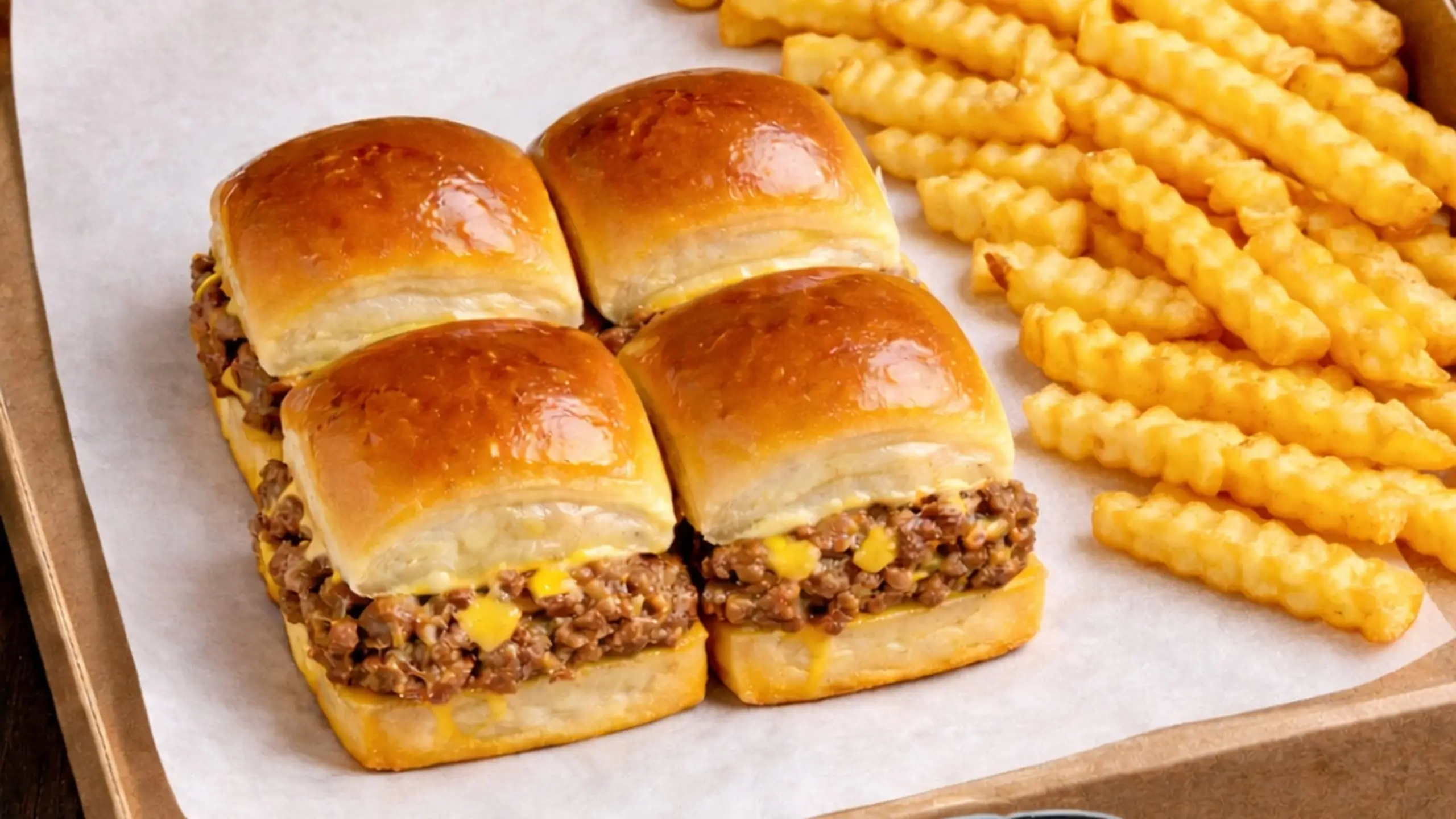 Four Chopped Cheese sliders with fries